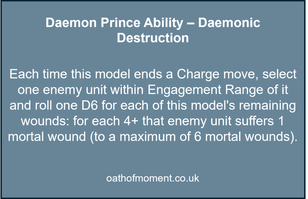 Chaos Space Marines

Daemon Prince Ability – Daemonic Destruction​

​
Each time this model ends a Charge move, select one enemy unit within Engagement Range of it and roll one D6 for each of this model's remaining wounds: for each 4+ that enemy unit suffers 1 mortal wound (to a maximum of 6 mortal wounds).
