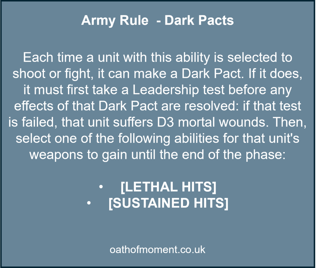 Chaos Space Marines

Army Rule  - Dark Pacts​

​
Each time a unit with this ability is selected to shoot or fight, it can make a Dark Pact. If it does, it must first take a Leadership test before any effects of that Dark Pact are resolved: if that test is failed, that unit suffers D3 mortal wounds. Then, select one of the following abilities for that unit's weapons to gain until the end of the phase:​

​

[LETHAL HITS]​

[SUSTAINED HITS]