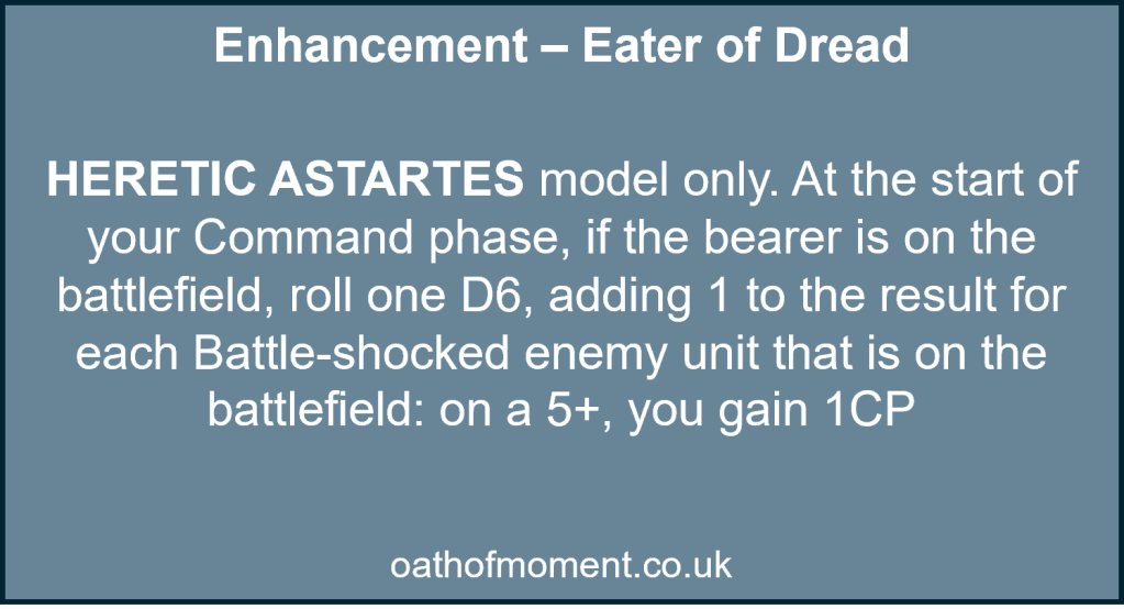 Chaos Space Marines Dread Talons

Enhancement – Eater of Dread​

​
HERETIC ASTARTES model only. At the start of your Command phase, if the bearer is on the battlefield, roll one D6, adding 1 to the result for each Battle-shocked enemy unit that is on the battlefield: on a 5+, you gain 1CP