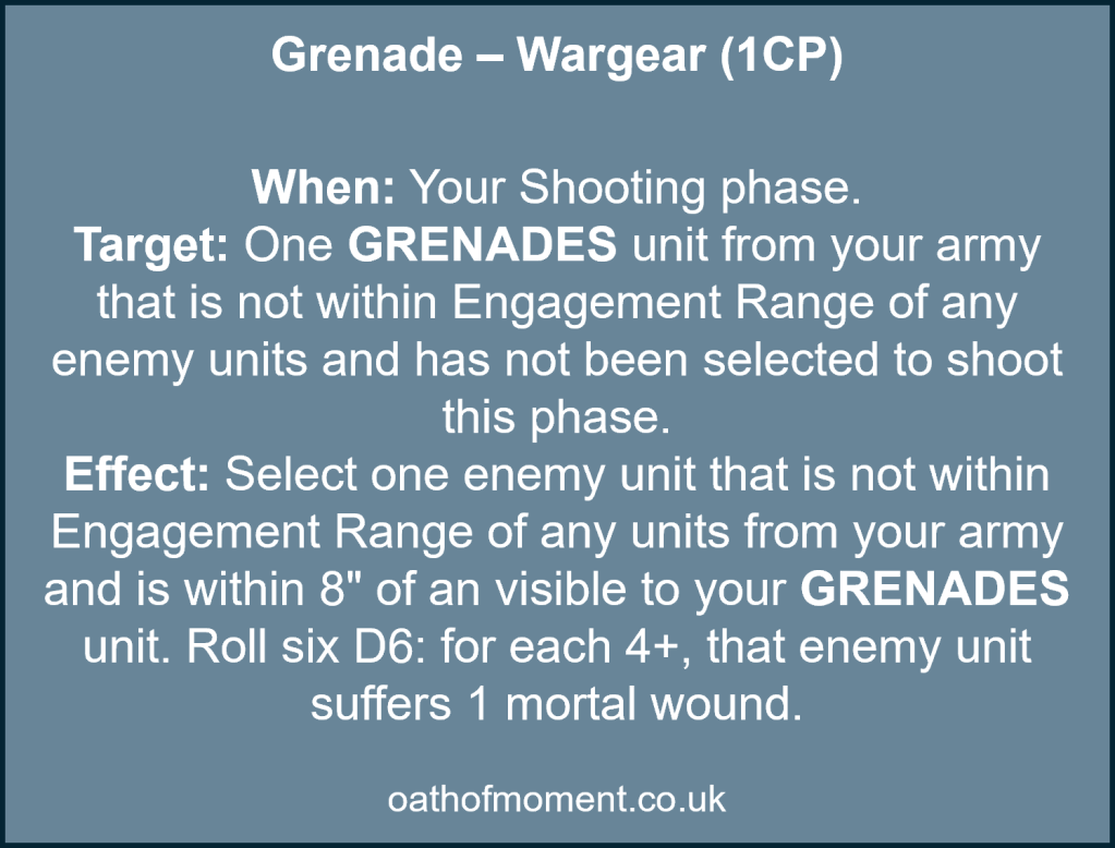 Warhammer 40k Stratagem

Grenade – Wargear (1CP)​

​
When: Your Shooting phase.​

Target: One GRENADES unit from your army that is not within Engagement Range of any enemy units and has not been selected to shoot this phase.​

Effect: Select one enemy unit that is not within Engagement Range of any units from your army and is within 8" of an visible to your GRENADES unit. Roll six D6: for each 4+, that enemy unit suffers 1 mortal wound.
