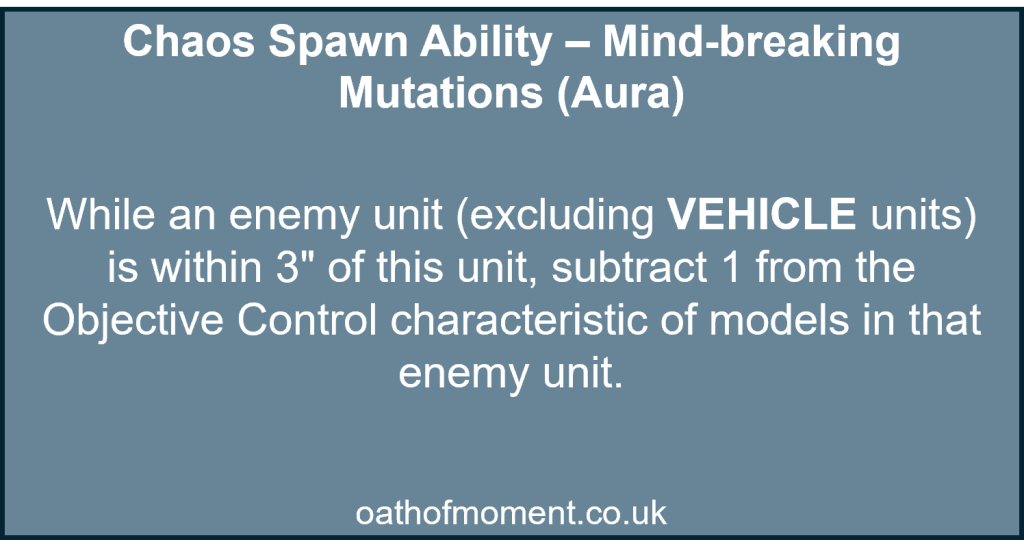 Chaos Space Marines

Chaos Spawn Ability – Mind-breaking Mutations (Aura)​

​
While an enemy unit (excluding VEHICLE units) is within 3" of this unit, subtract 1 from the Objective Control characteristic of models in that enemy unit.